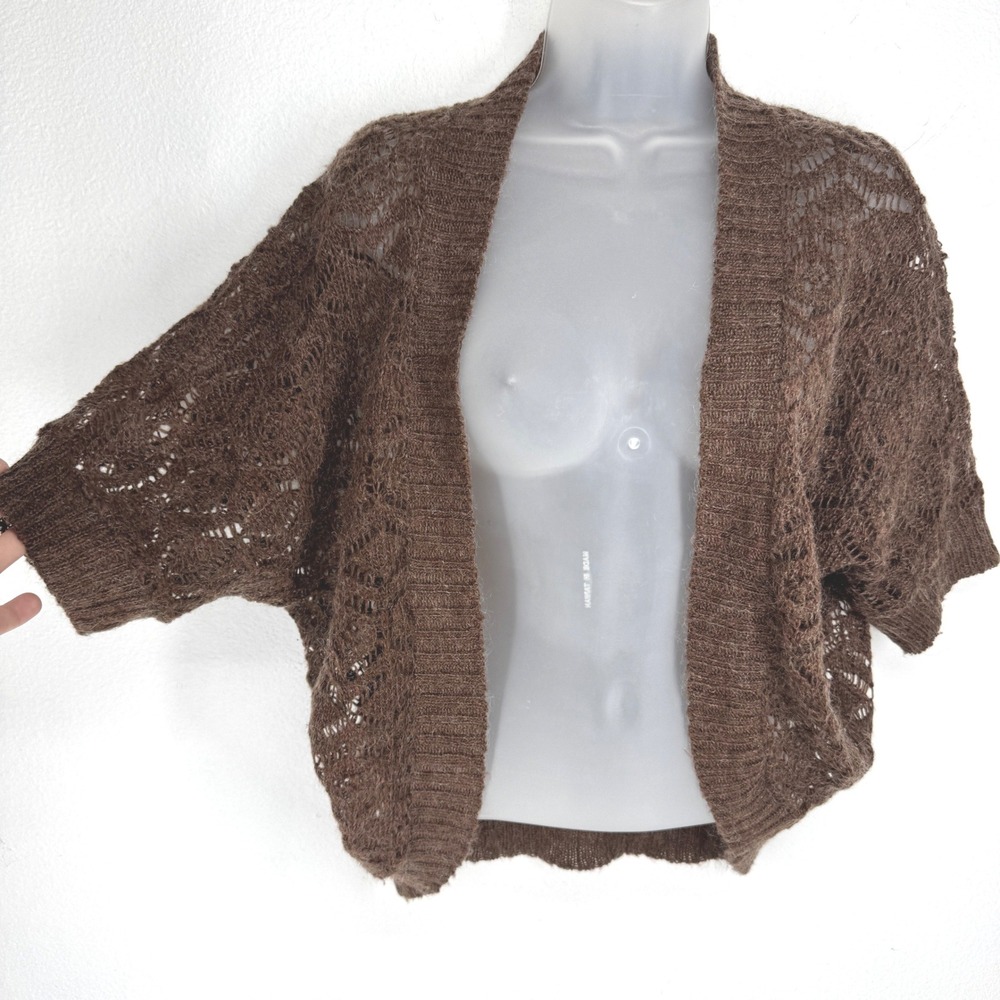 Brown Pointelle Knit Bolero Shrug Cardigan Sweater Size M Y2K 90s Indie Granola